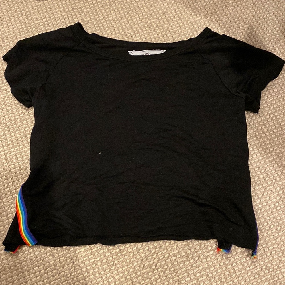 plain black tee shirt, rainbow detail down the sides, kids 14 (woman’s small)